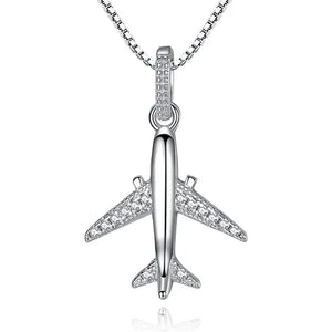 Crystal Airplane Pendant Necklace 925 Silver Long Chain Wedding Jewelry