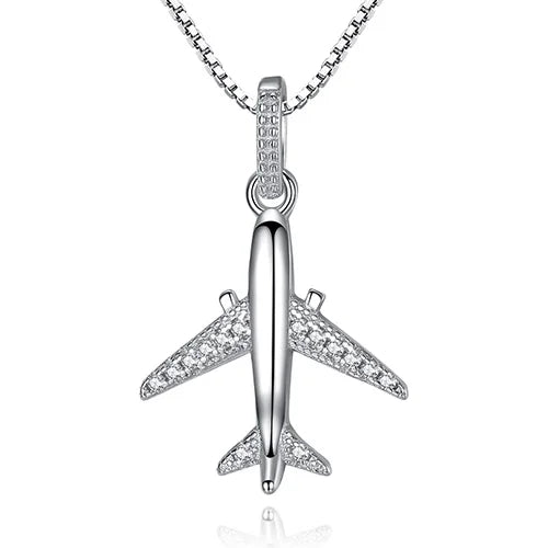 Crystal Airplane Pendant Necklace 925 Silver Long Chain Wedding Jewelry
