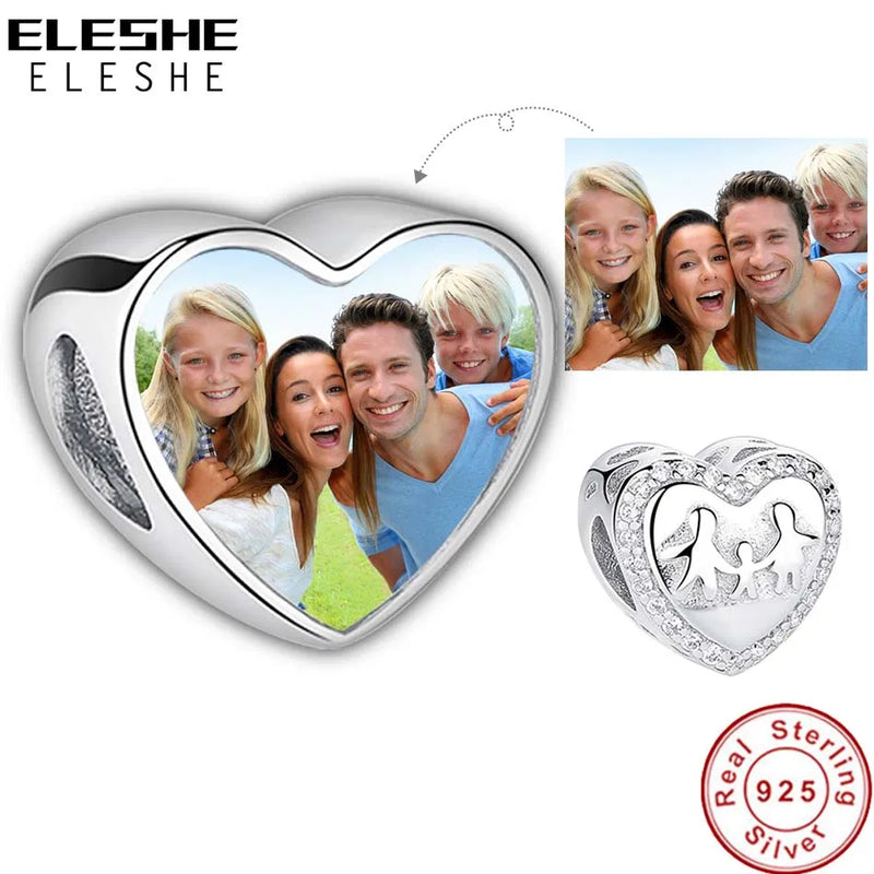 Personalized 925 Sterling Silver Heart Family Photo Charm Bracelet Beads