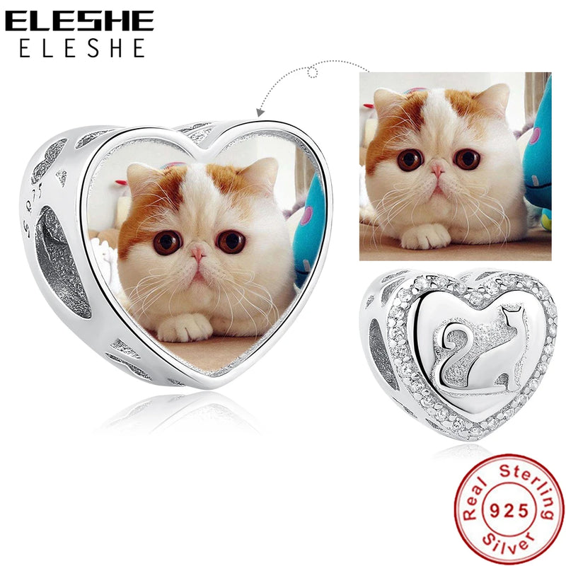 Sterling Silver Cat CZ Heart Charm Bead for Bracelet Necklace