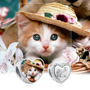 Sterling Silver Cat CZ Heart Charm Bead for Bracelet Necklace