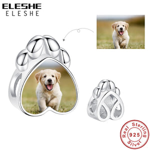 925 Silver Heart Pet Paw Photo Charm Bracelet Bead