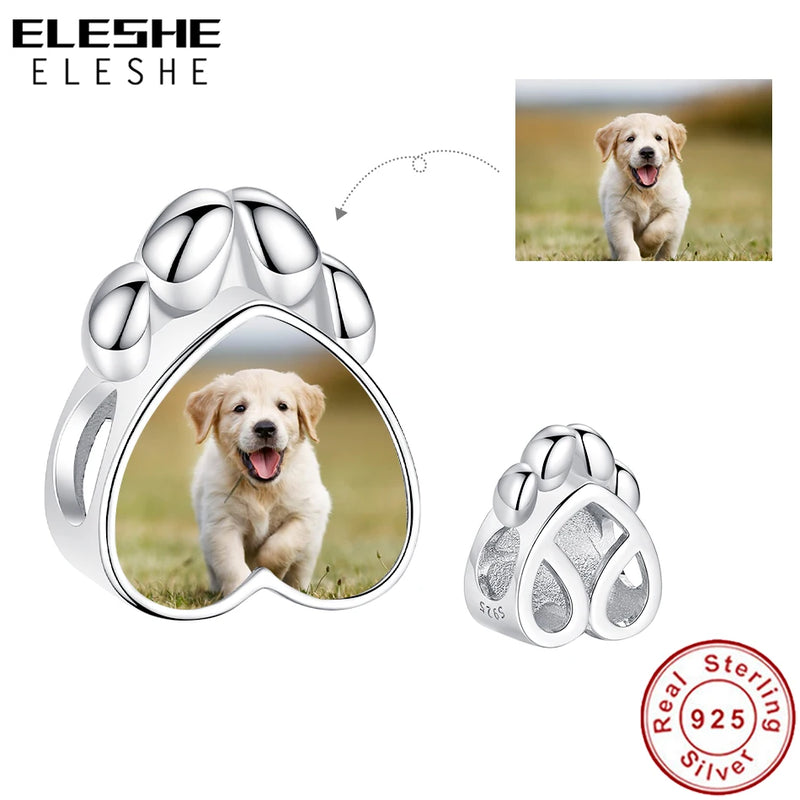 925 Silver Heart Pet Paw Photo Charm Bracelet Bead