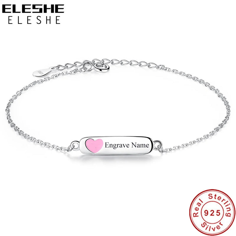 925 Silver Engraved Name Bracelet with Pink Heart
