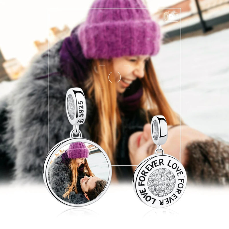 925 Sterling Silver Forever Love CZ Bead Photo Charm Bracelet Gift