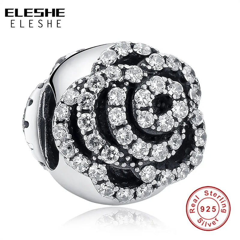 S925 Silver CZ Rose Flower Bead Charm for Bracelet DIY Gift