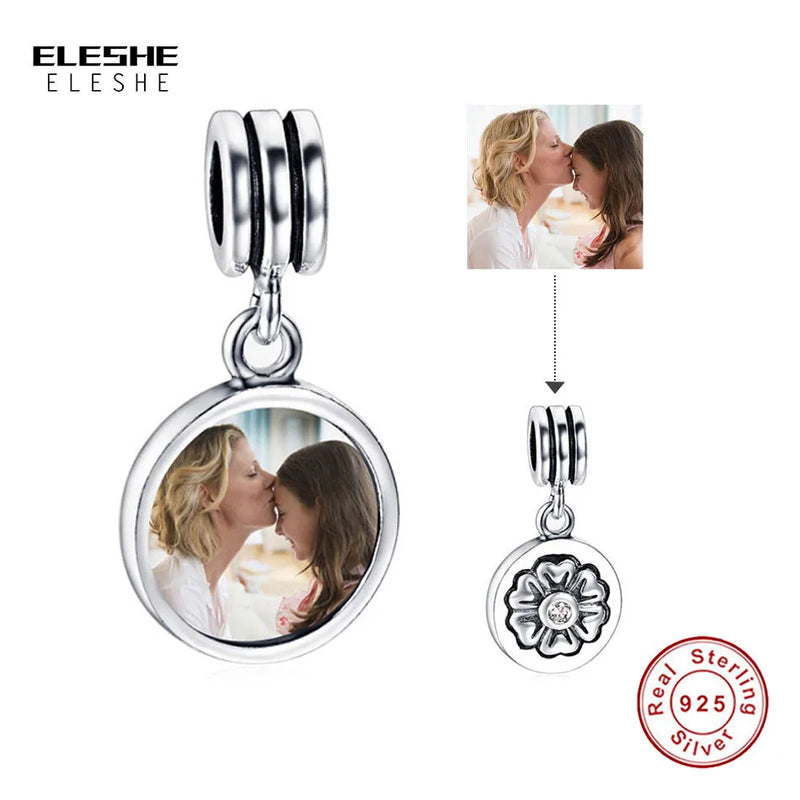 S925 Sterling Silver Vintage Flower Personalized Photo Charm Round Bead
