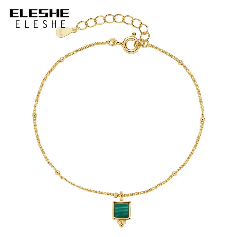 925 Silver Square Pendant Chain Bracelet 18K Plated Bead Charm