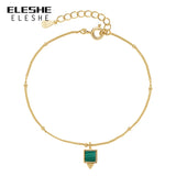 925 Silver Square Pendant Chain Bracelet 18K Plated Bead Charm
