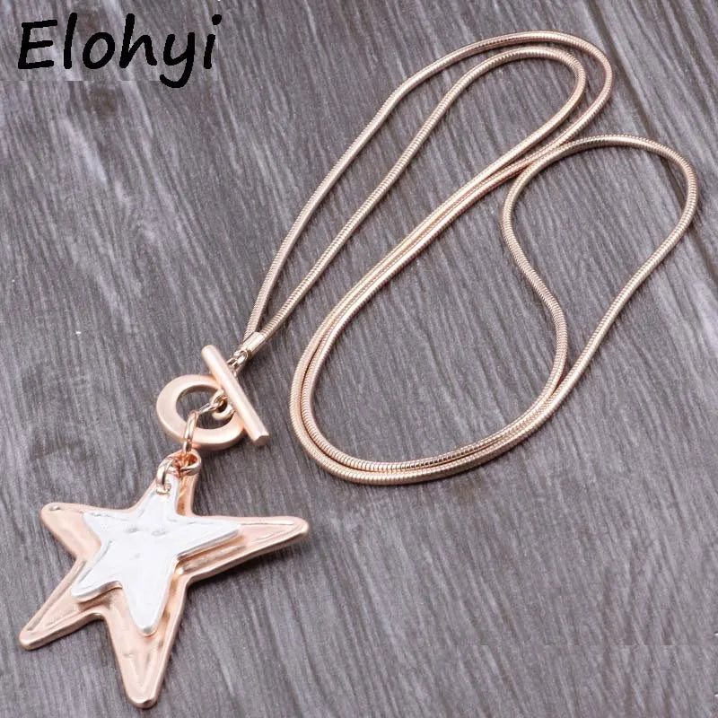 ELOYHI Double Pentagram Pendant Long Chain Necklace for Women