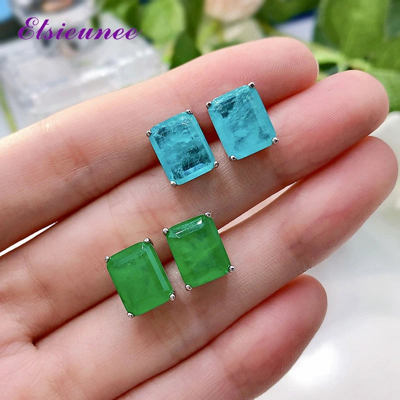 925 Silver Paraiba Tourmaline Emerald Stud Earrings
