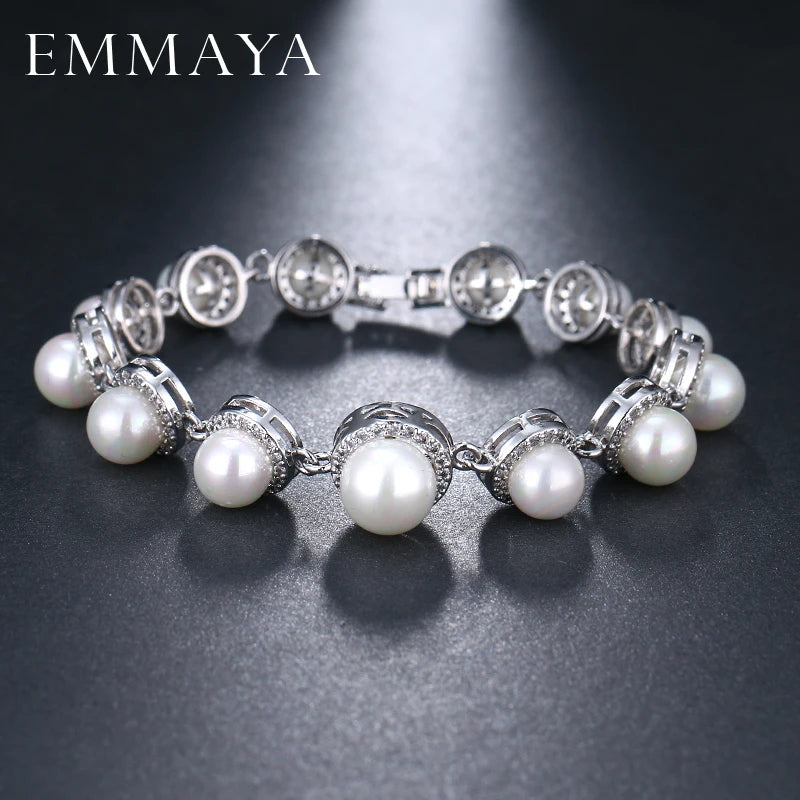 Simulated Pearl Bracelet with Cz Beads Paved Women Bracelet