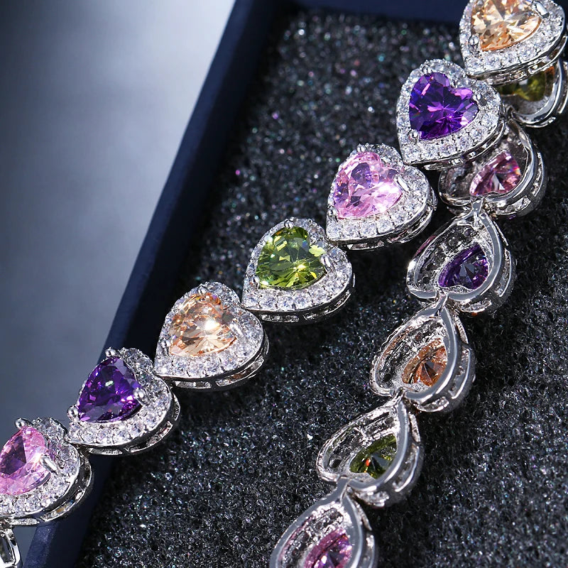Multicolor CZ Crystal Heart Bracelet for Women Girls