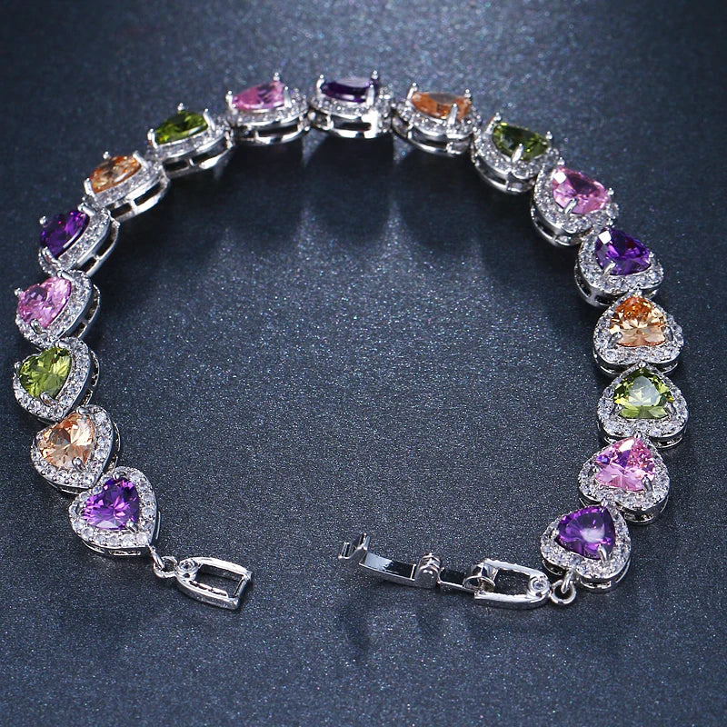 Multicolor CZ Crystal Heart Bracelet for Women Girls