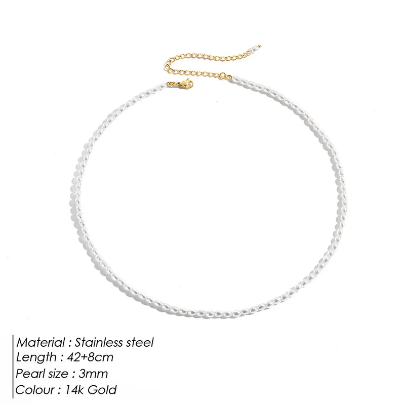 EManco 3MM Pearl Necklace Oval Stainless Steel Necklace Women's Wedding