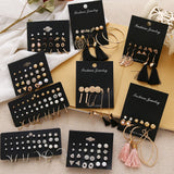 12 Pairs Flower Women's Earrings Set Pearl Crystal Stud Earrings Boho