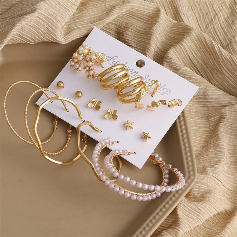 Vintage Butterfly Hoop Earrings Set for Women Girl Pearl Circle Heart Earring