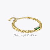 Green Stone Link Chain Bracelet Stainless Steel Glass Bracelet Jewelry
