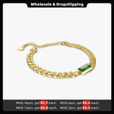 Green Stone Link Chain Bracelet Stainless Steel Glass Bracelet Jewelry