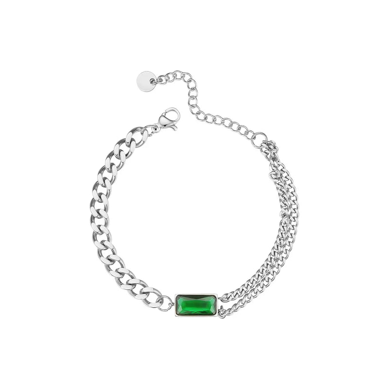 Green Stone Link Chain Bracelet Stainless Steel Glass Bracelet Jewelry