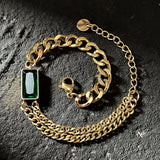 Green Stone Link Chain Bracelet Stainless Steel Glass Bracelet Jewelry
