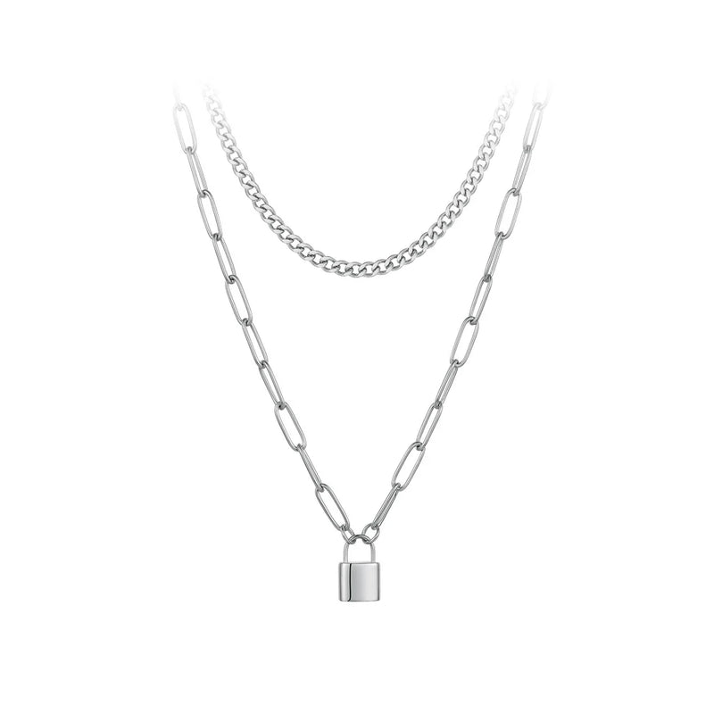 Lock Pendant Necklace Women Stainless Steel Double Chain Necklaces