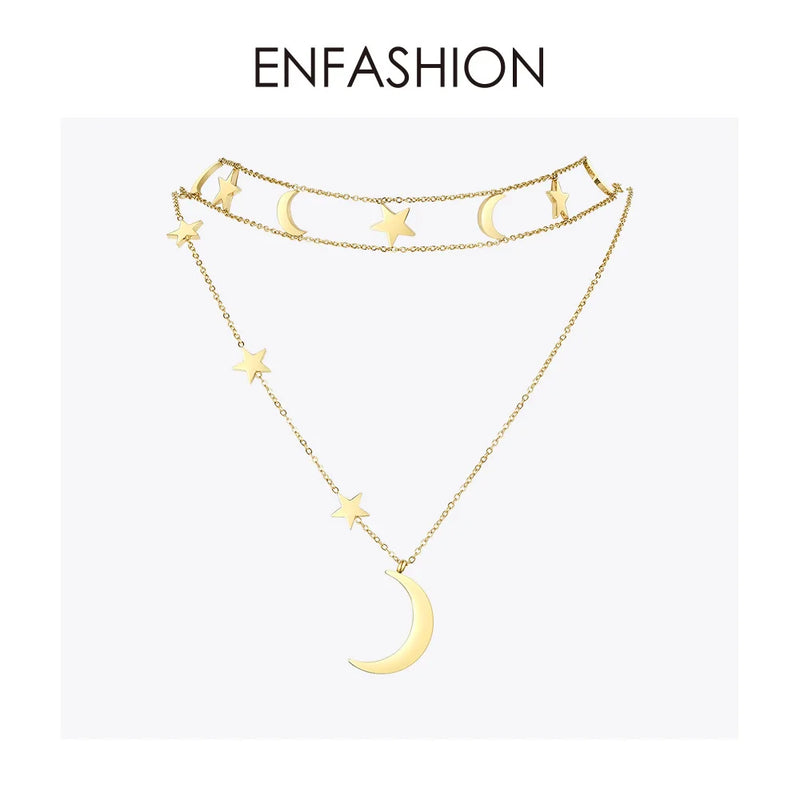 Moon Stars Double Chain Choker Necklace Stainless Steel Pendant
