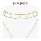 Moon Stars Double Chain Choker Necklace Stainless Steel Pendant