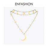 Moon Stars Double Chain Choker Necklace Stainless Steel Pendant