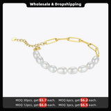 Natural Pearl Link Chain Bracelet Stainless Steel Jewelry