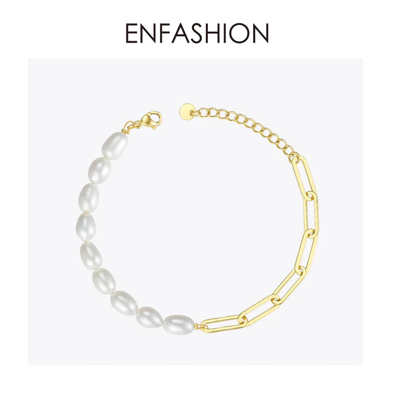 Natural Pearl Link Chain Bracelet Stainless Steel Jewelry