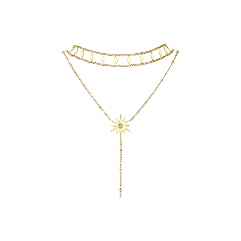 Rhombus Sun Double Chain Choker Necklace Stainless Steel