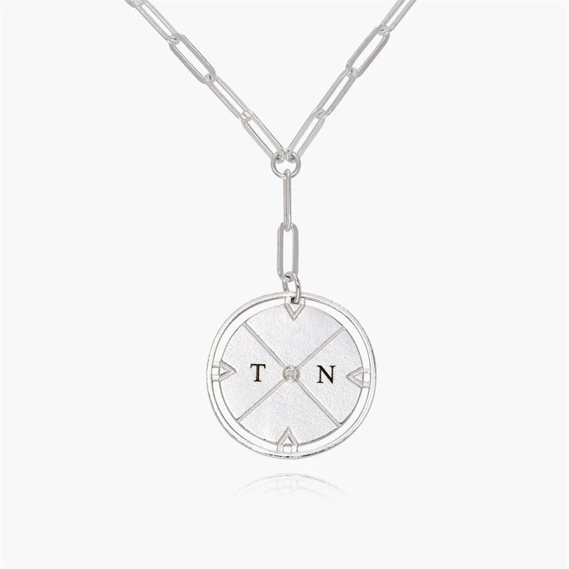 Engraved Compass Necklace with Diamond Stainless Steel Travelers Love Gift