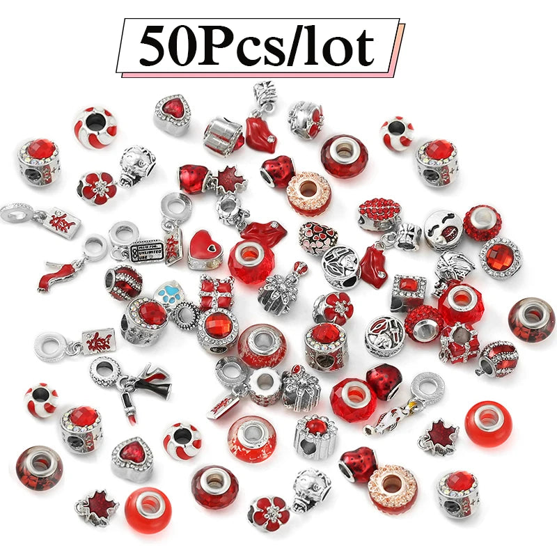 50Pcs Mixed Style Silver Charms Beads Dangle DIY Bracelets Jewelry Accessories