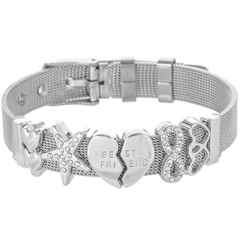Stainless Steel Mesh Bracelet with Crystal Charm Bangle