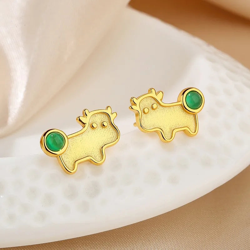 ZFSILVER S925 Silver Green Animal Calf Earring Women Gift