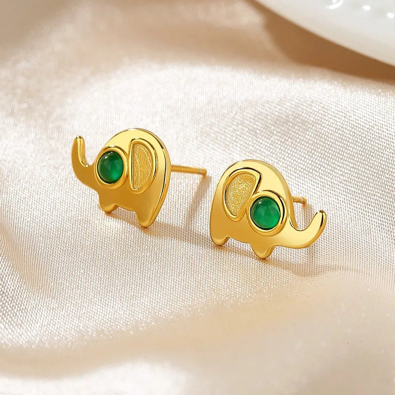 ZFSILVER S925 Silver Elephant Earrings Green Animal Jewelry Women Gift