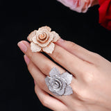 Crystal Zircon Silver Rose Flower Wedding Party Big Ring Girls