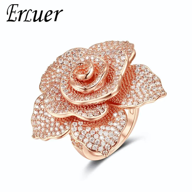 Crystal Zircon Silver Rose Flower Wedding Party Big Ring Girls