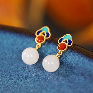 925 Silver Hetian Jade Red Agate Dangle Earrings Jewelry Women Gift