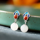 925 Silver Hetian Jade Red Agate Dangle Earrings Jewelry Women Gift