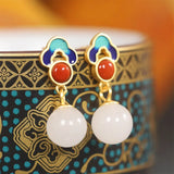 925 Silver Hetian Jade Red Agate Dangle Earrings Jewelry Women Gift