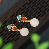 925 Silver Hetian Jade Red Agate Dangle Earrings Jewelry Women Gift