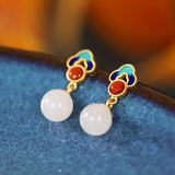 925 Silver Hetian Jade Red Agate Dangle Earrings Jewelry Women Gift