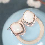 ZFSILVER S925 Silver Hetian Jade Diamond-set Square Earrings