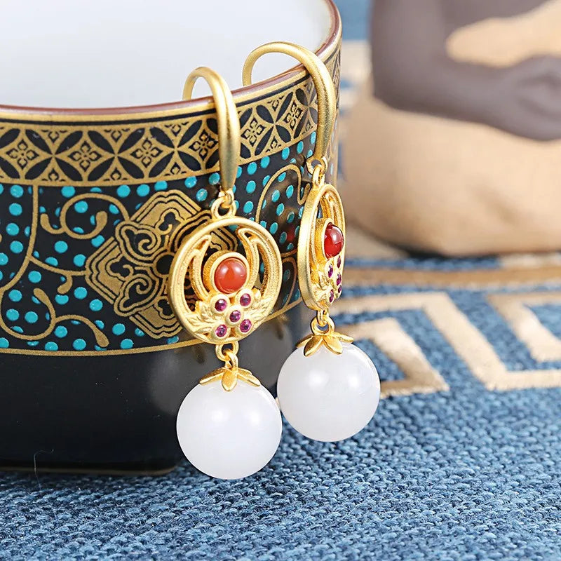 ZFSILVER S925 Silver Hetian Jade Ball Earrings for Women