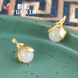 ZFSILVER S925 Silver Hetian Jade Leaf Earrings