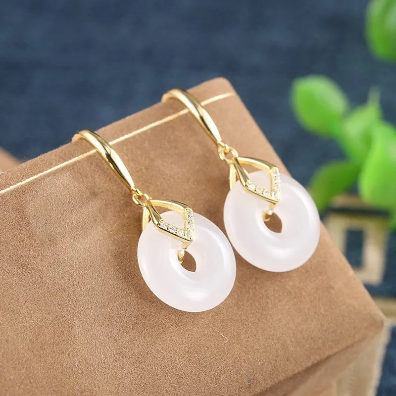 ZFSILVER S925 Silver Hetian Jade Safty Buckle Earrings