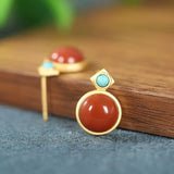 ZFSILVER S925 Silver Agate Turquoise Round Earrings for Women Gift