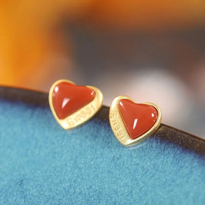 ZFSILVER S925 Silver Red Agate & Turquoise Heart Earring